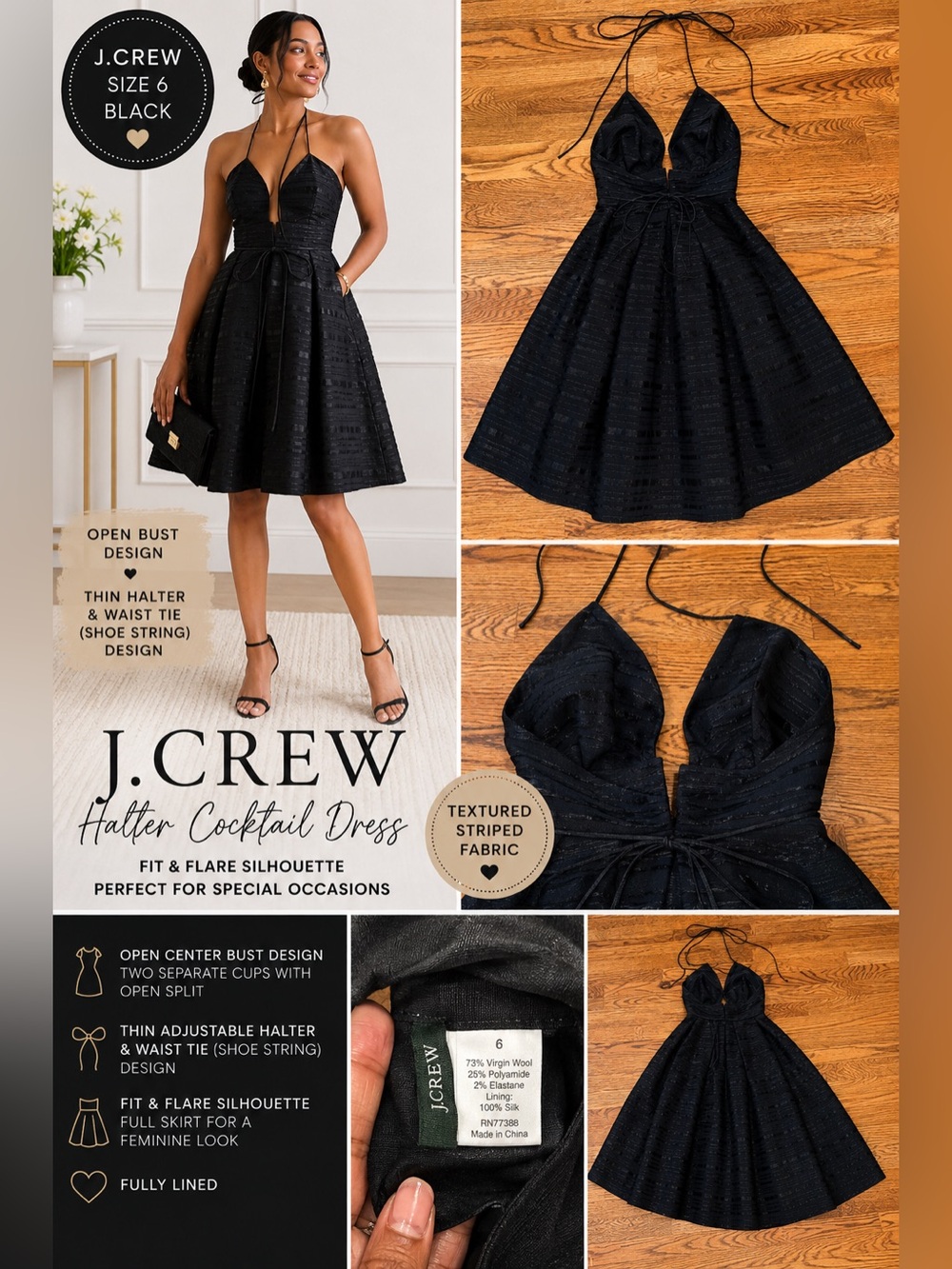 J.Crew Black Textured Halter Fit & Flare Cocktail Dress Size 6 Open Bust Design